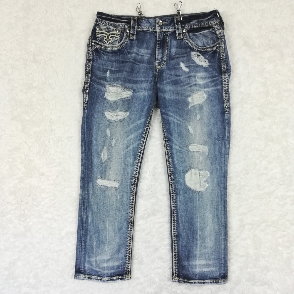 Rock Revival Womens Jeans Hettie Easy Crop Blue Denim Flap Pocket Distressed 29